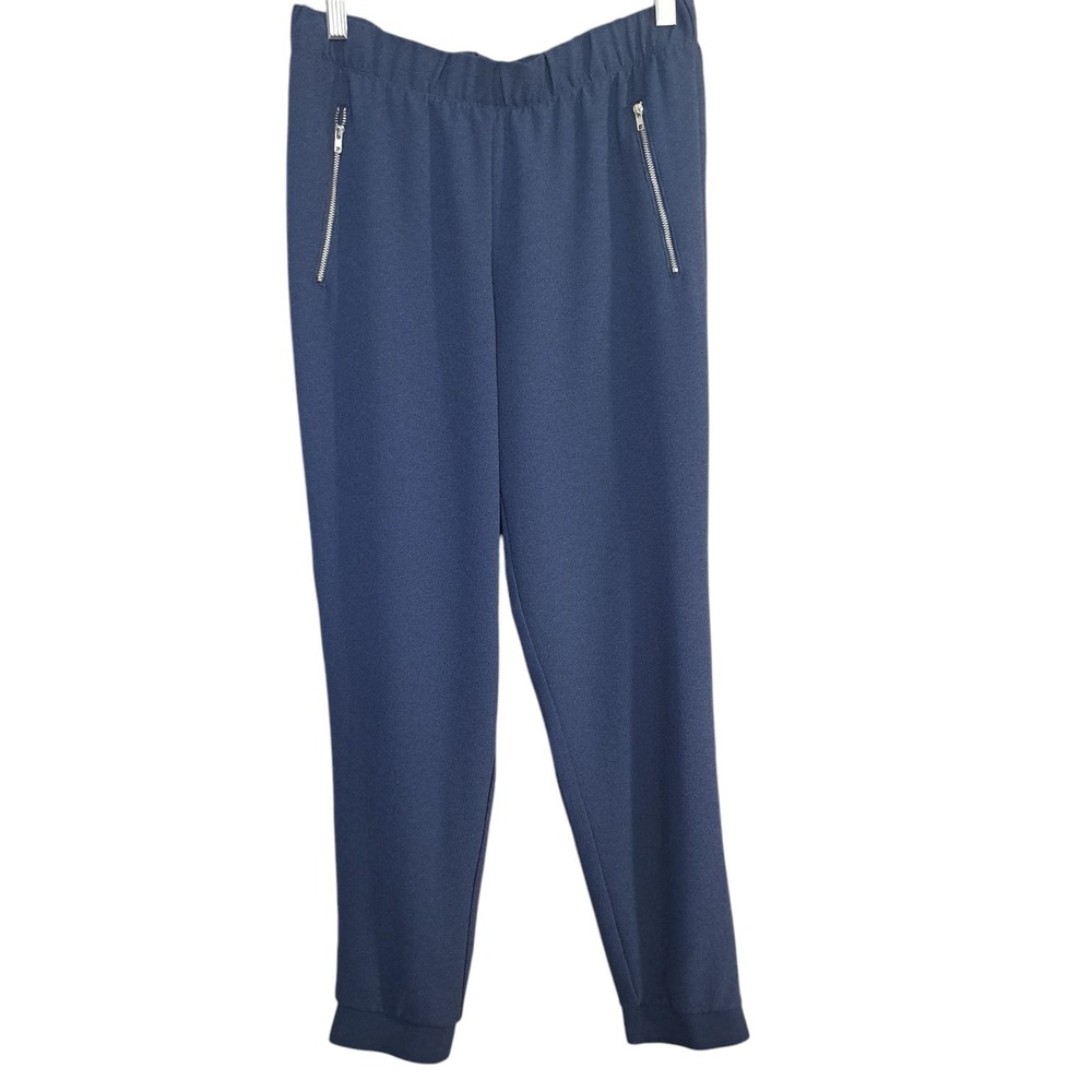 Pink Republic Women's Pants L Navy-Blue Casual Pull On Elastic Waist, Pockets